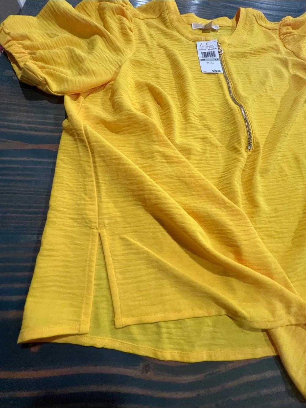 Michael Kors Bright Yellow Short-Sleeve Zip-Front Women’s Blouse Size 1X NWT